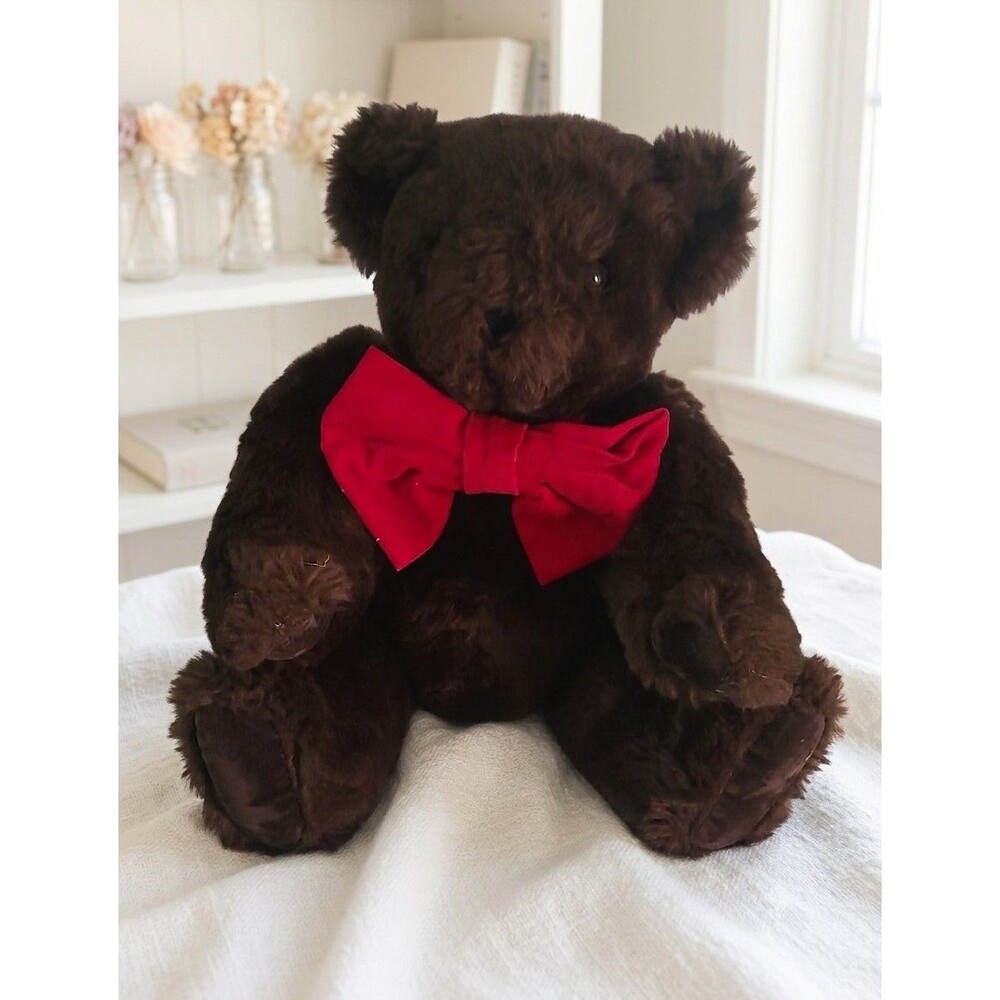 Vermont Teddy Bear Plush Brown Bear Red Velvet Bow Tie Collectible Vintage Style